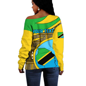 Personalized Tanzania Independence Day Off Shoulder Sweater with Tanzanian Coat of Arms and African Pattern