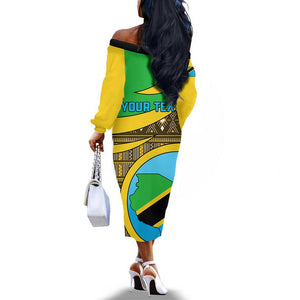 Personalized Tanzania Independence Day Off The Shoulder Long Sleeve Dress with Tanzanian Coat of Arms and African Pattern