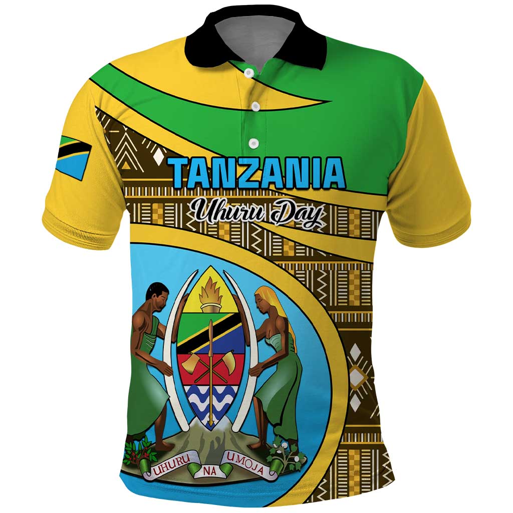 Personalized Tanzania Independence Day Polo Shirt with Tanzanian Coat of Arms and African Pattern