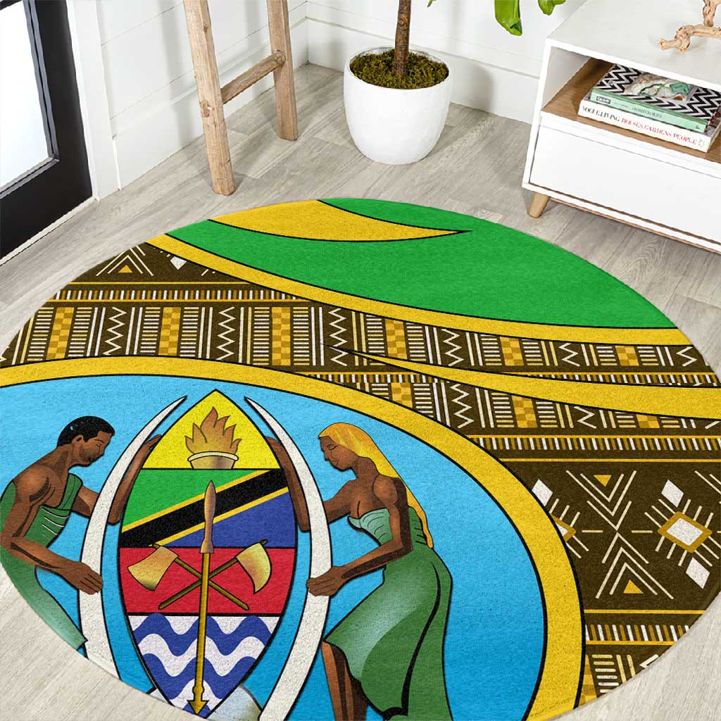 Tanzania Independence Day Round Carpet with Tanzanian Coat of Arms and African Pattern