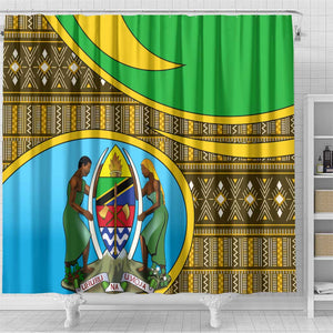 Tanzania Independence Day Shower Curtain with Tanzanian Coat of Arms and African Pattern