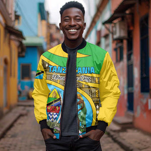 Personalized Tanzania Independence Day Sleeve Zip Bomber Jacket with Tanzanian Coat of Arms and African Pattern