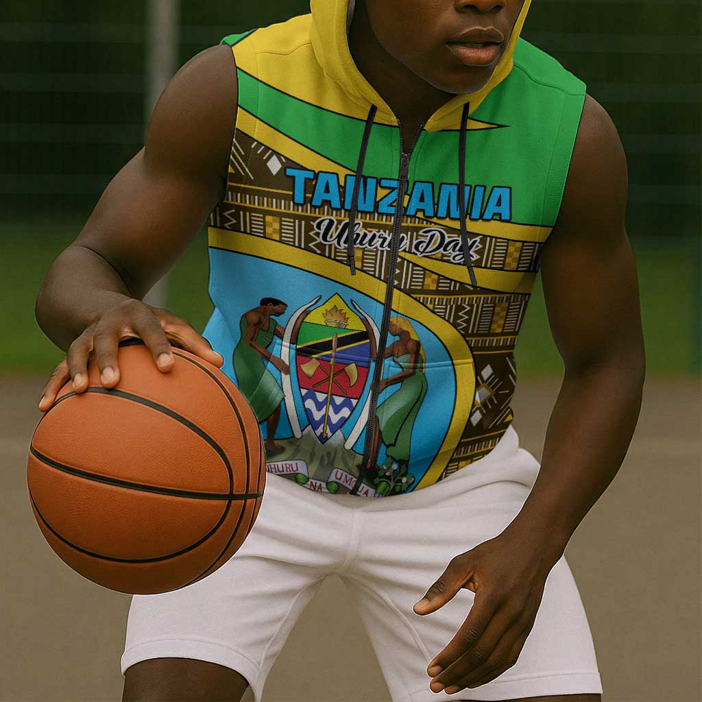 Personalized Tanzania Independence Day Sleeveless Zip Hoodie with Tanzanian Coat of Arms and African Pattern - African Pride