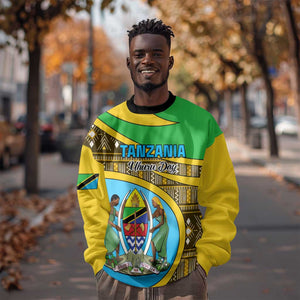 Personalized Tanzania Independence Day Sweatshirt with Tanzanian Coat of Arms and African Pattern