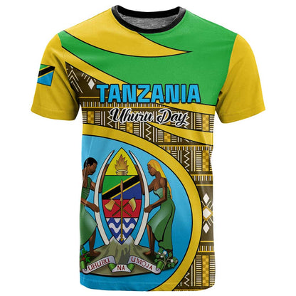 Personalized Tanzania Independence Day T shirt with Tanzanian Coat of Arms and African Pattern