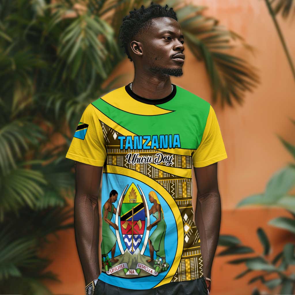 Personalized Tanzania Independence Day T shirt with Tanzanian Coat of Arms and African Pattern