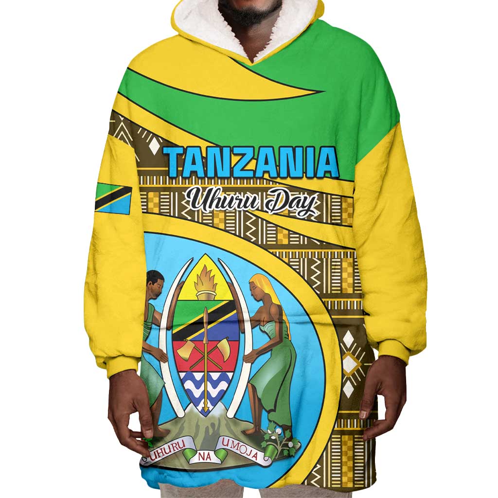 Personalized Tanzania Independence Day Wearable Blanket Hoodie with Tanzanian Coat of Arms and African Pattern