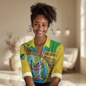 Personalized Tanzania Independence Day Women Casual Shirt with Tanzanian Coat of Arms and African Pattern