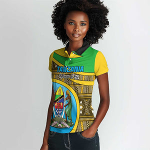 Personalized Tanzania Independence Day Women Polo Shirt with Tanzanian Coat of Arms and African Pattern