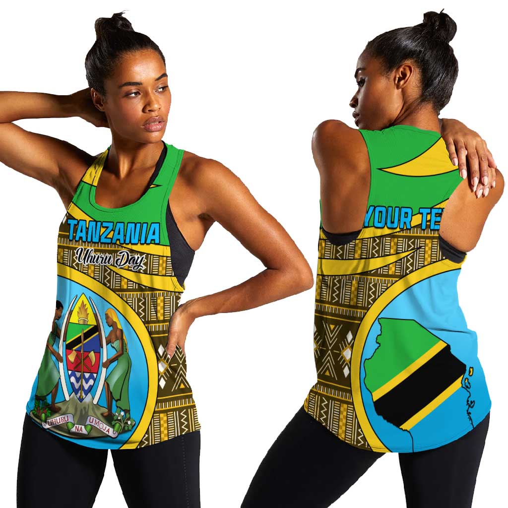 Personalized Tanzania Independence Day Women Racerback Tank with Tanzanian Coat of Arms and African Pattern