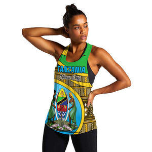 Personalized Tanzania Independence Day Women Racerback Tank with Tanzanian Coat of Arms and African Pattern