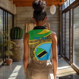 Personalized Tanzania Independence Day Women Sleeveless Polo Shirt with Tanzanian Coat of Arms and African Pattern