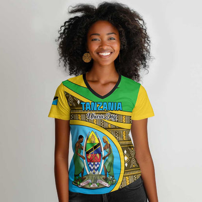 Personalized Tanzania Independence Day Women V-Neck T-Shirt with Tanzanian Coat of Arms and African Pattern