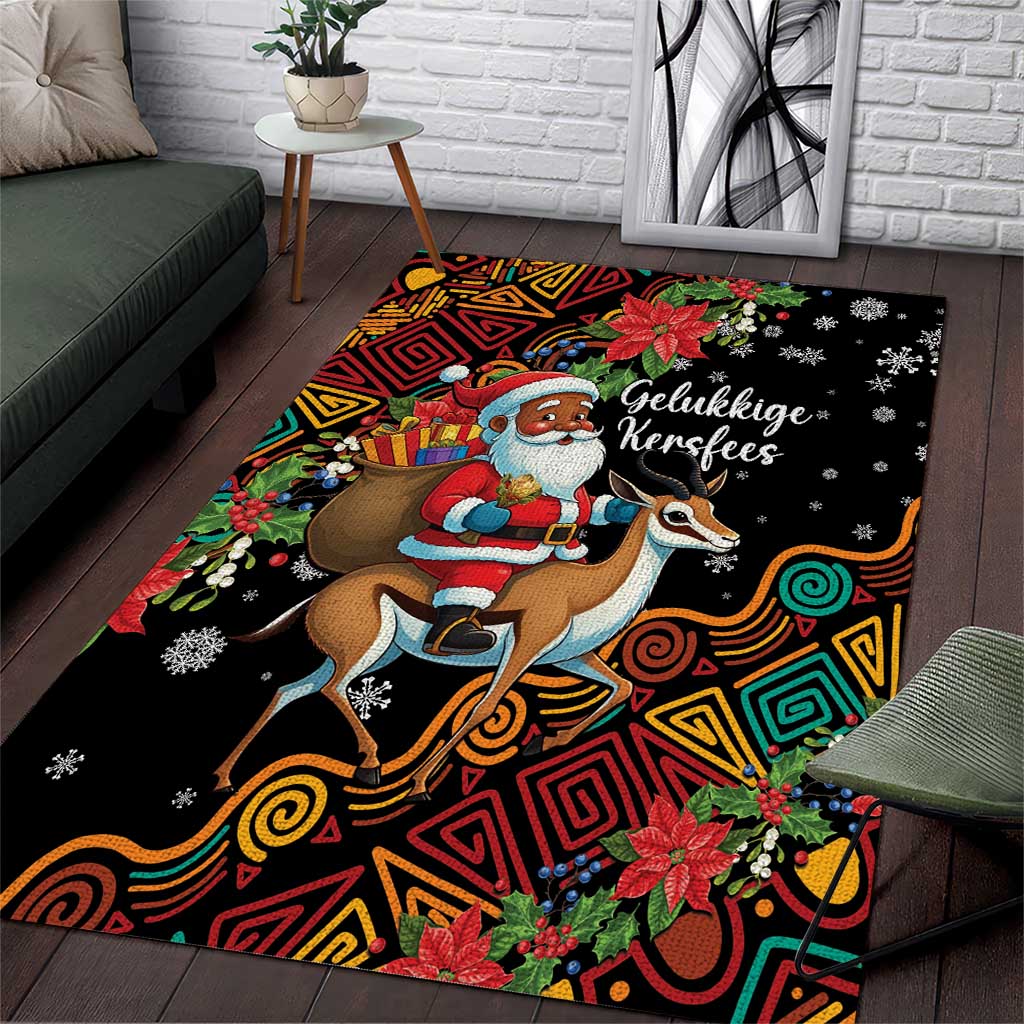 South Africa Gelukkige Kersfees Area Rug Black Santa Claus Riding Springbok