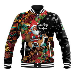 South Africa Gelukkige Kersfees Baseball Jacket Black Santa Claus Riding Springbok LT01