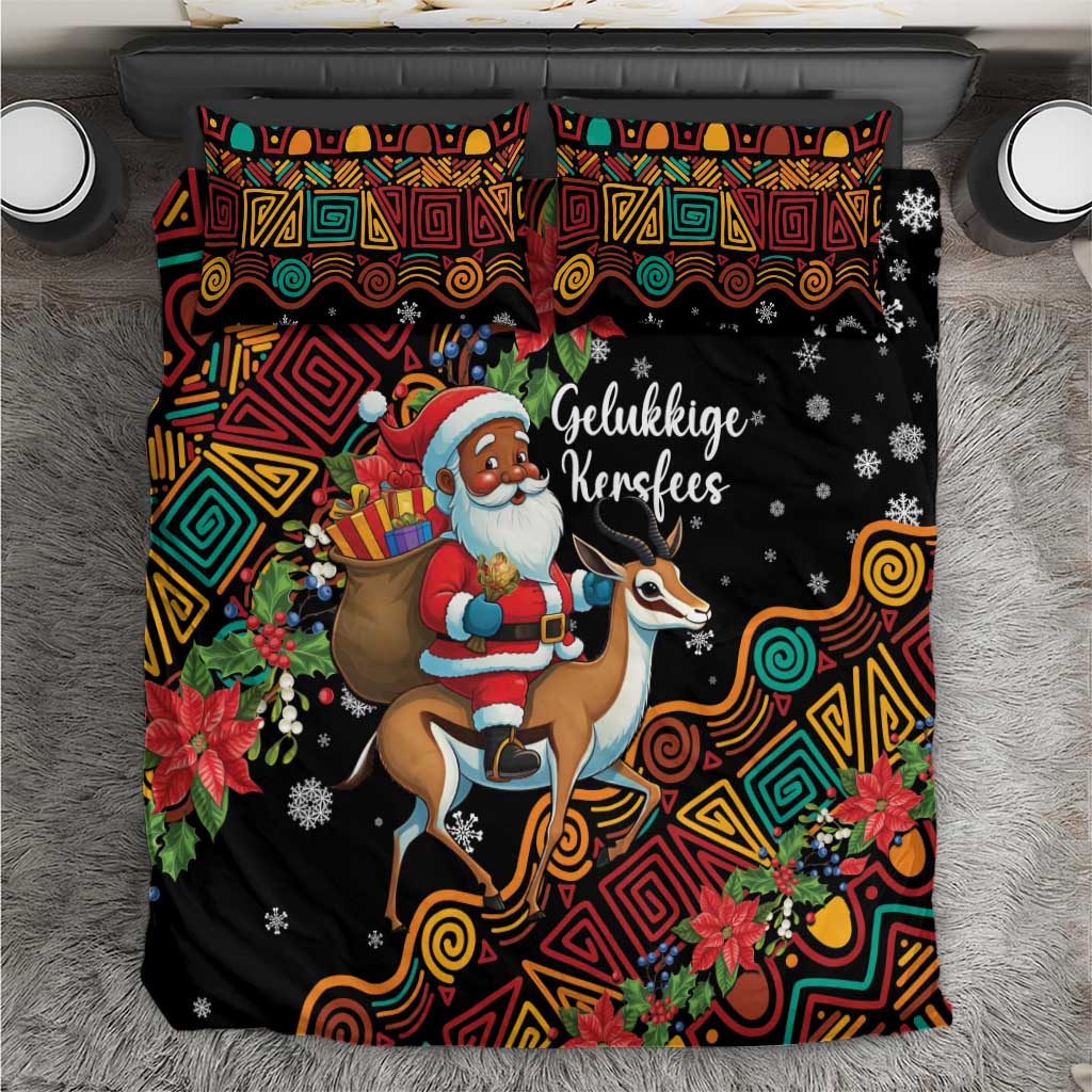 South Africa Gelukkige Kersfees Bedding Set Black Santa Claus Riding Springbok