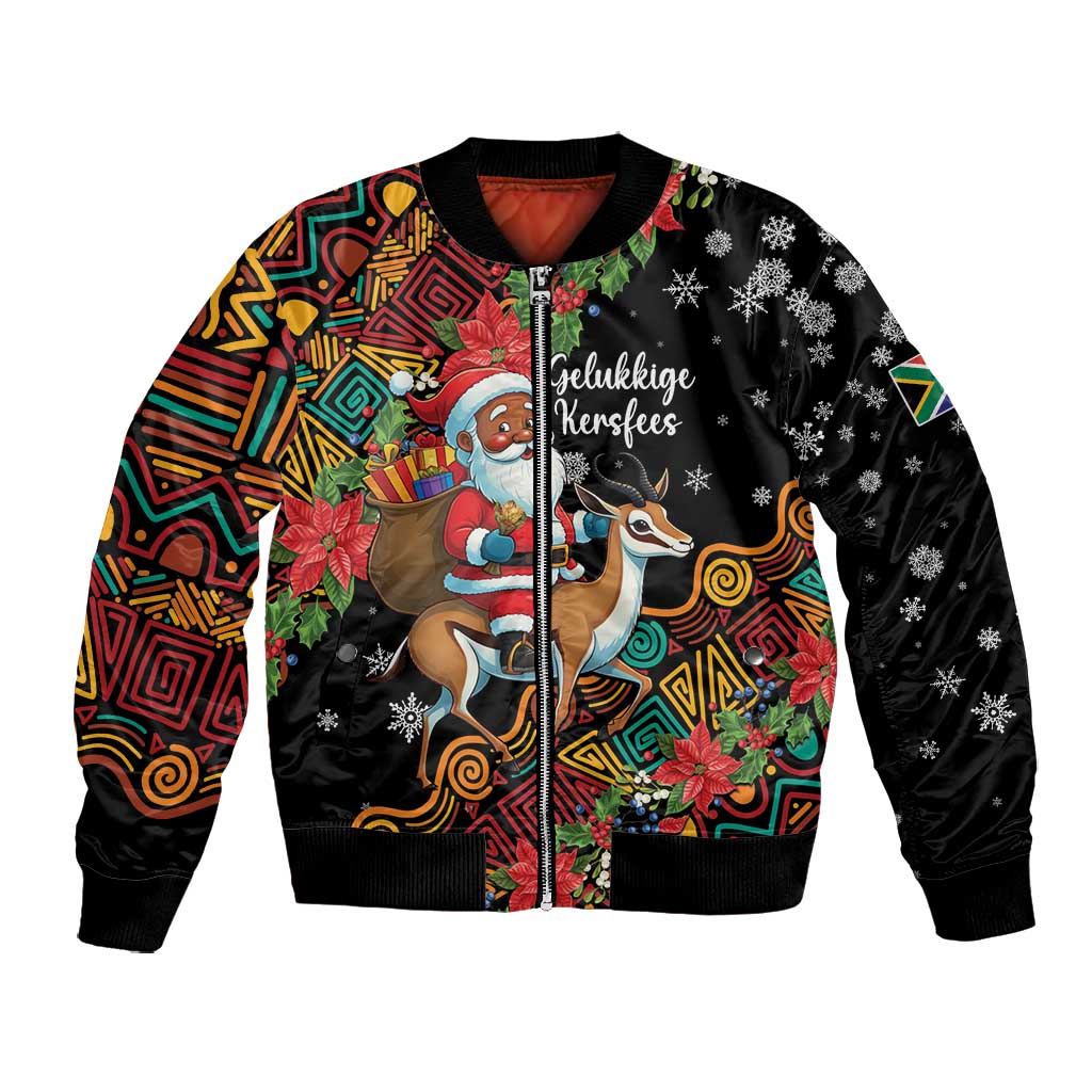 South Africa Gelukkige Kersfees Bomber Jacket Black Santa Claus Riding Springbok