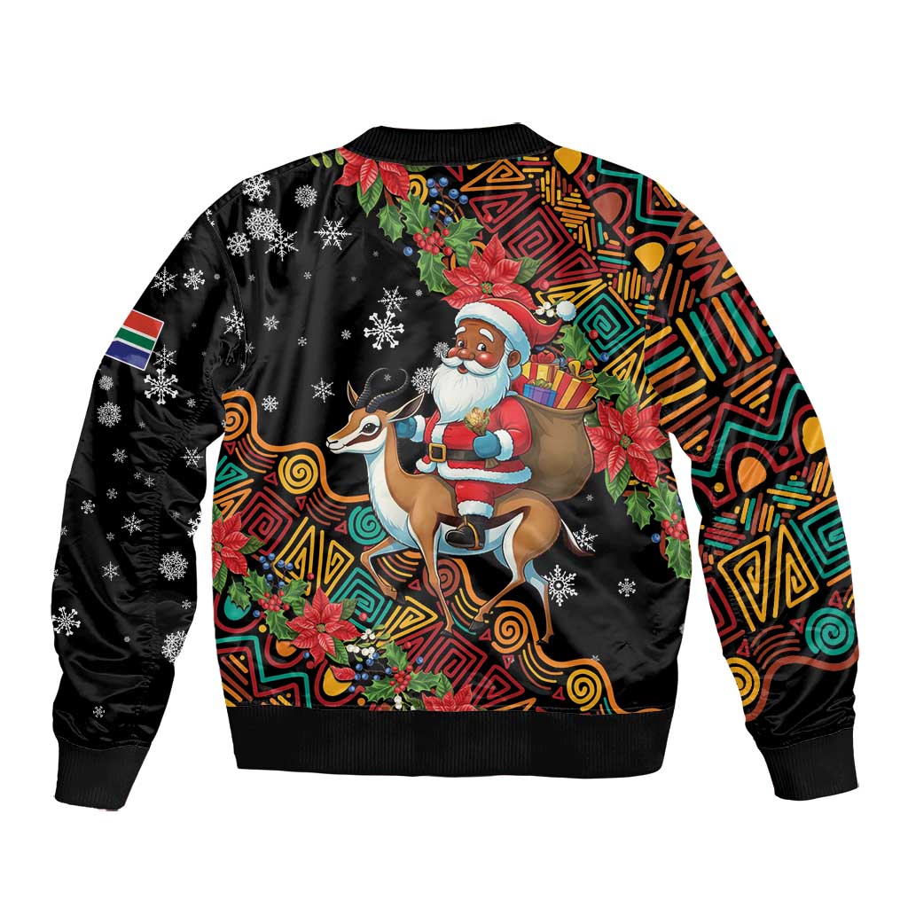 South Africa Gelukkige Kersfees Bomber Jacket Black Santa Claus Riding Springbok