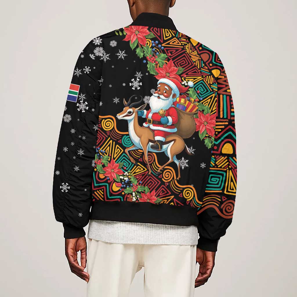 South Africa Gelukkige Kersfees Bomber Jacket Black Santa Claus Riding Springbok