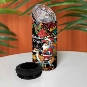 South Africa Gelukkige Kersfees 4 in 1 Can Cooler Tumbler Black Santa Claus Riding Springbok