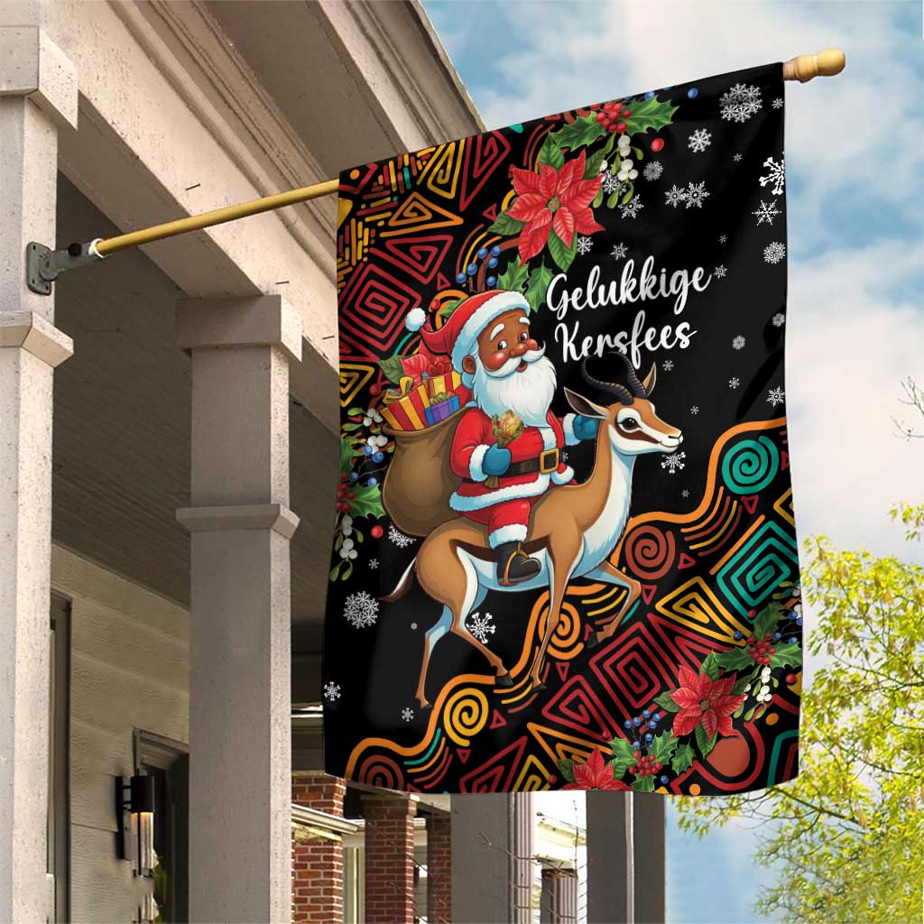 South Africa Gelukkige Kersfees Garden Flag Black Santa Claus Riding Springbok