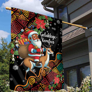 South Africa Gelukkige Kersfees Garden Flag Black Santa Claus Riding Springbok