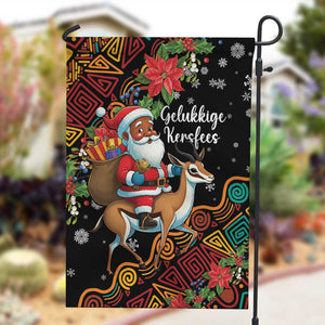 South Africa Gelukkige Kersfees Garden Flag Black Santa Claus Riding Springbok