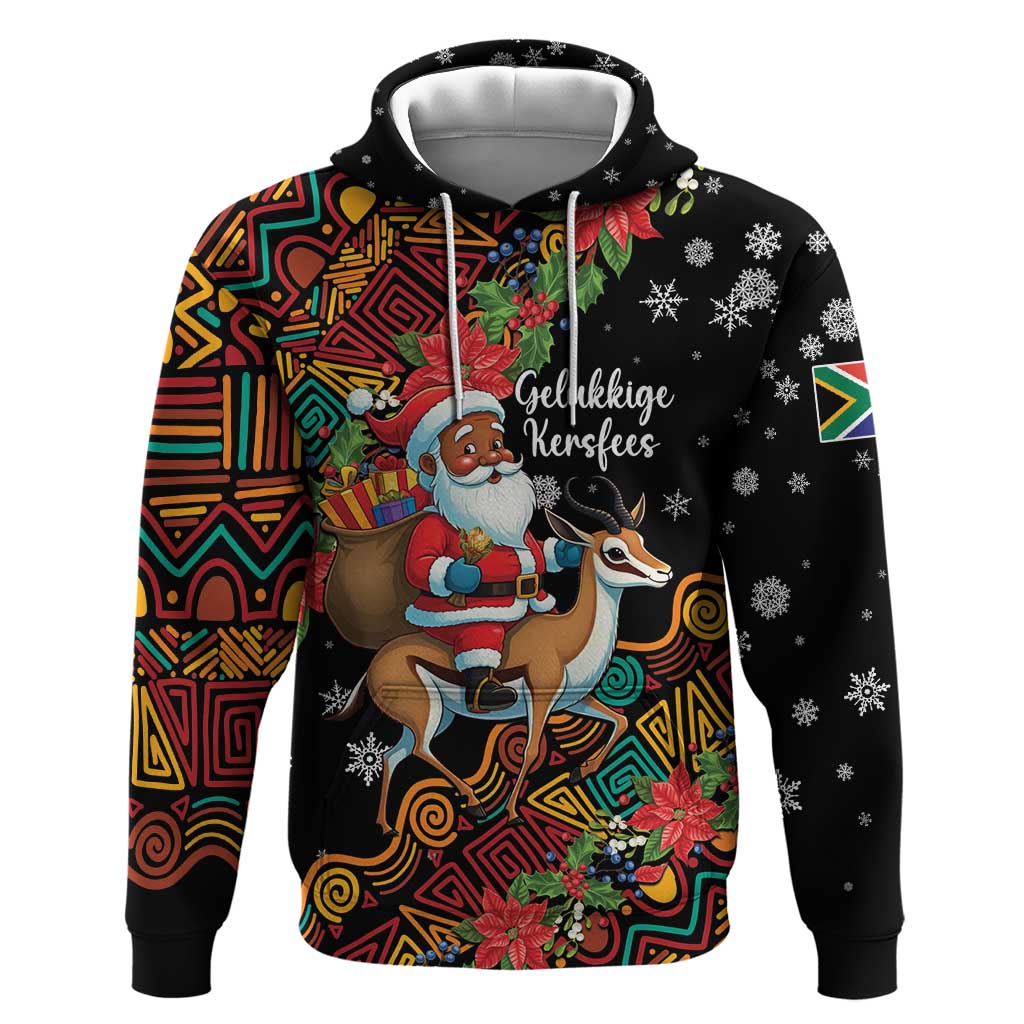 South Africa Gelukkige Kersfees Hoodie Black Santa Claus Riding Springbok