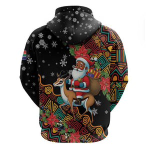 South Africa Gelukkige Kersfees Hoodie Black Santa Claus Riding Springbok