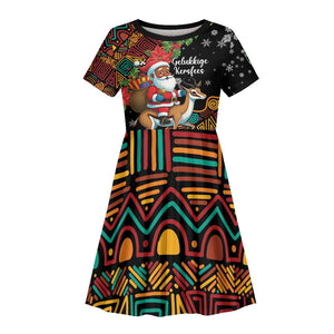 South Africa Gelukkige Kersfees Kid Short Sleeve Dress Black Santa Claus Riding Springbok