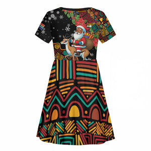 South Africa Gelukkige Kersfees Kid Short Sleeve Dress Black Santa Claus Riding Springbok