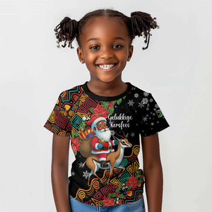 South Africa Gelukkige Kersfees Kid T shirt Black Santa Claus Riding Springbok