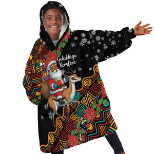 South Africa Gelukkige Kersfees Kid Wearable Blanket Hoodie Black Santa Claus Riding Springbok