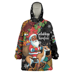 South Africa Gelukkige Kersfees Kid Wearable Blanket Hoodie Black Santa Claus Riding Springbok