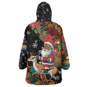 South Africa Gelukkige Kersfees Kid Wearable Blanket Hoodie Black Santa Claus Riding Springbok