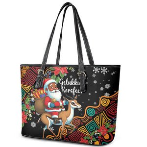 South Africa Gelukkige Kersfees Leather Tote Bag Black Santa Claus Riding Springbok