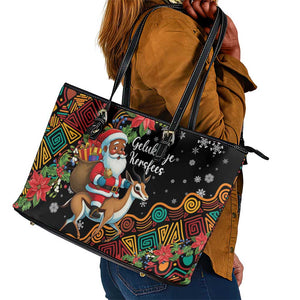 South Africa Gelukkige Kersfees Leather Tote Bag Black Santa Claus Riding Springbok