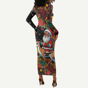 South Africa Gelukkige Kersfees Long Sleeve Bodycon Dress Black Santa Claus Riding Springbok