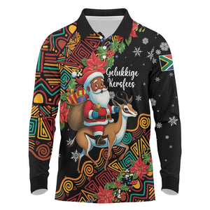 South Africa Gelukkige Kersfees Long Sleeve Polo Shirt Black Santa Claus Riding Springbok