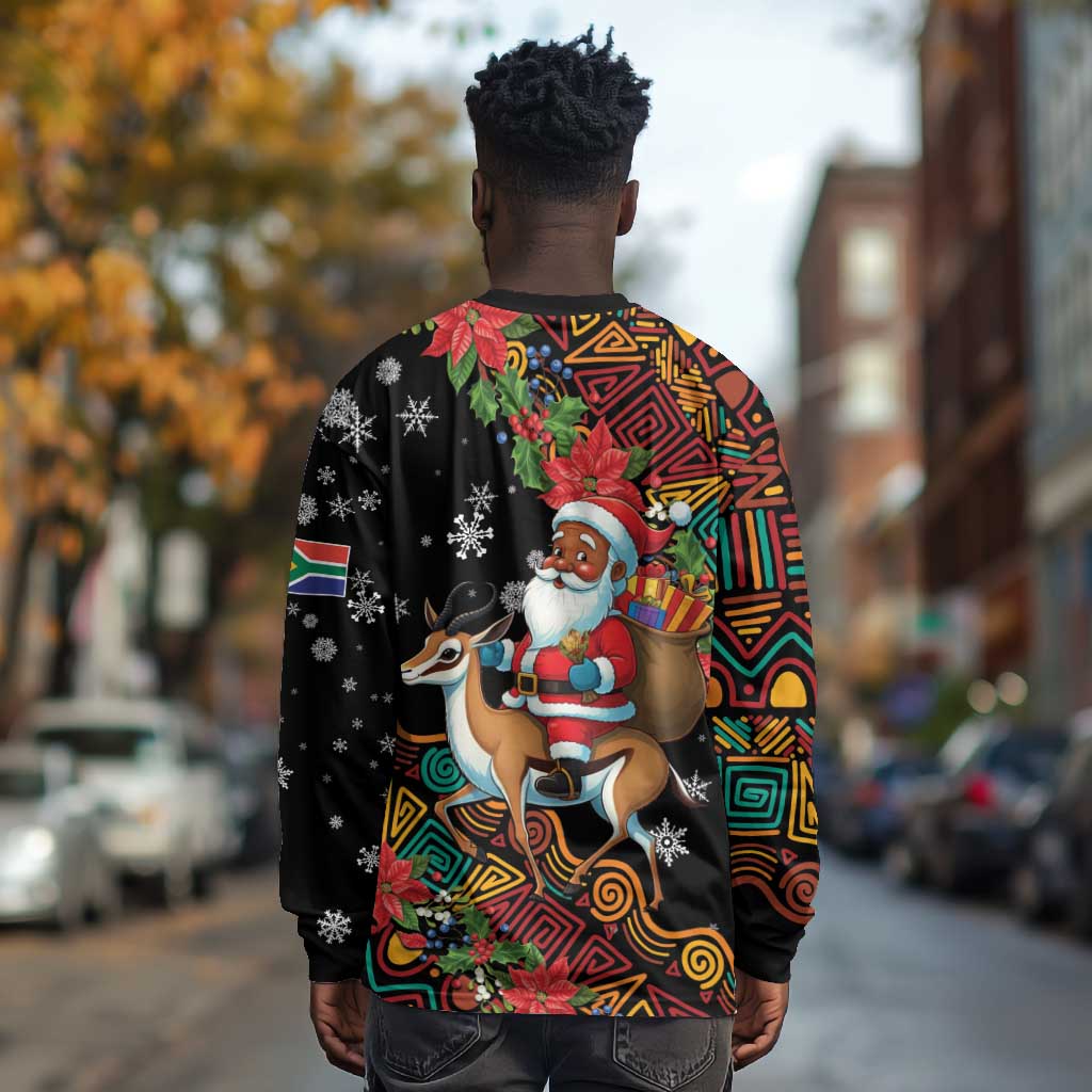 South Africa Gelukkige Kersfees Long Sleeve Shirt Black Santa Claus Riding Springbok LT01