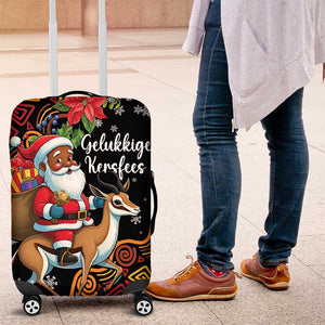 South Africa Gelukkige Kersfees Luggage Cover Black Santa Claus Riding Springbok