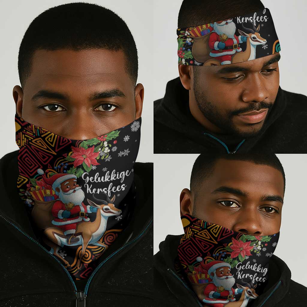 South Africa Gelukkige Kersfees Neck Gaiter Black Santa Claus Riding Springbok LT01