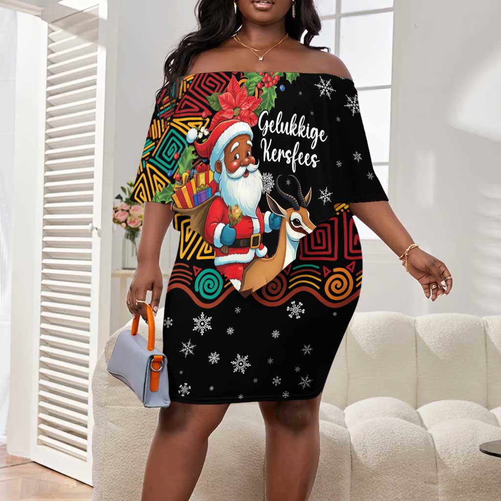 South Africa Gelukkige Kersfees Off Shoulder Short Dress Black Santa Claus Riding Springbok