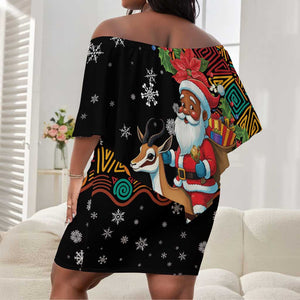 South Africa Gelukkige Kersfees Off Shoulder Short Dress Black Santa Claus Riding Springbok