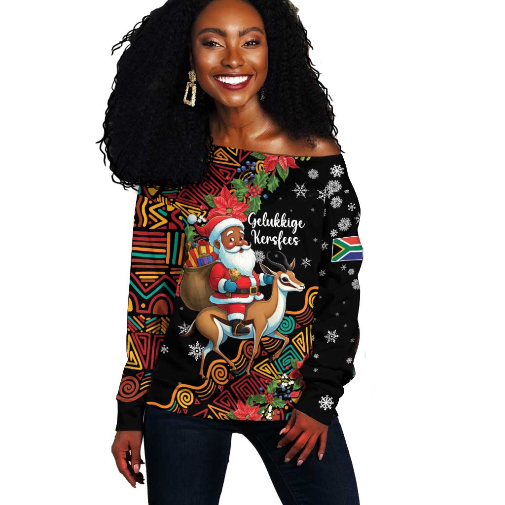 South Africa Gelukkige Kersfees Off Shoulder Sweater Black Santa Claus Riding Springbok