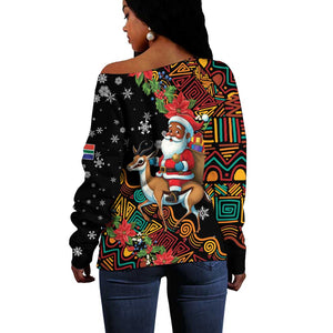 South Africa Gelukkige Kersfees Off Shoulder Sweater Black Santa Claus Riding Springbok