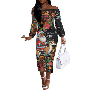 South Africa Gelukkige Kersfees Off The Shoulder Long Sleeve Dress Black Santa Claus Riding Springbok