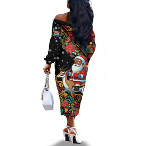 South Africa Gelukkige Kersfees Off The Shoulder Long Sleeve Dress Black Santa Claus Riding Springbok