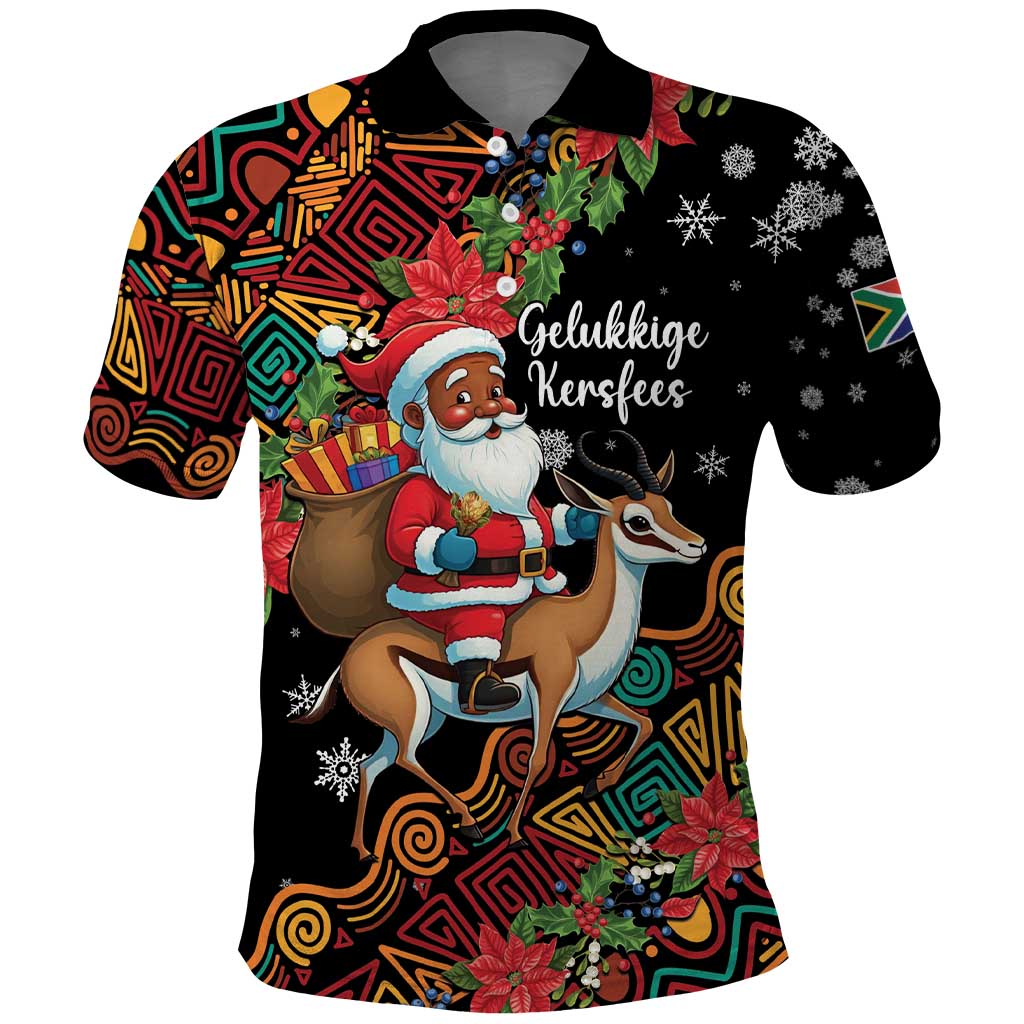 South Africa Gelukkige Kersfees Polo Shirt Black Santa Claus Riding Springbok