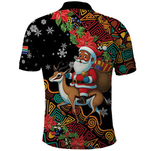 South Africa Gelukkige Kersfees Polo Shirt Black Santa Claus Riding Springbok